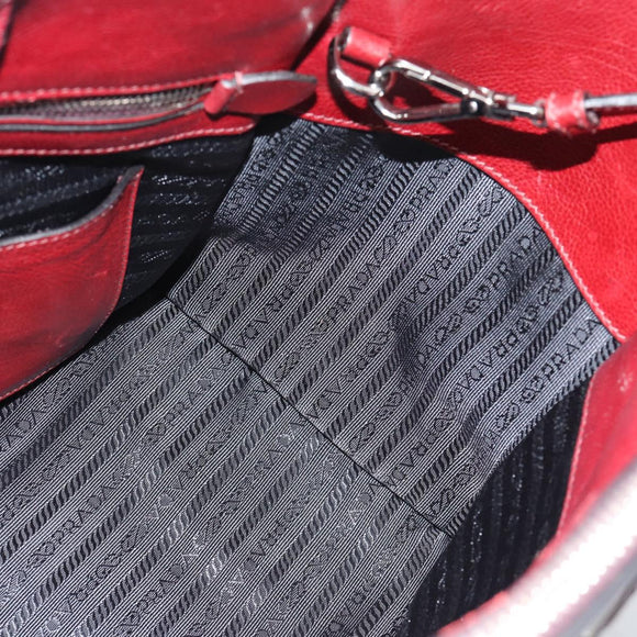 PRADA Hand Bag Leather 2way Red Silver Auth 188750M