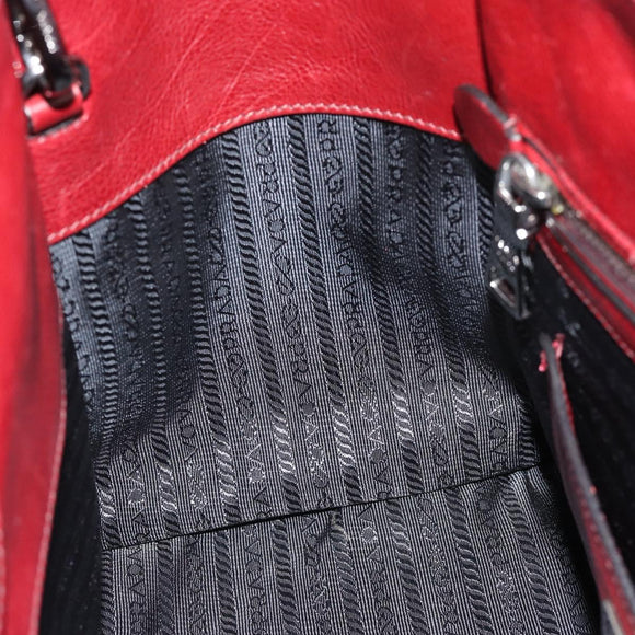 PRADA Hand Bag Leather 2way Red Silver Auth 188750M