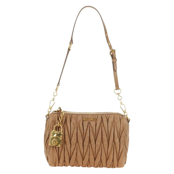 Miu Miu Matelasse Shoulder Bag Leather Beige Gold Auth 188751M