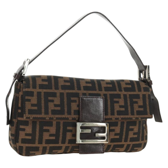 FENDI Zucca Canvas Mamma Baguette Shoulder Bag Black Brown Auth 188756SAM