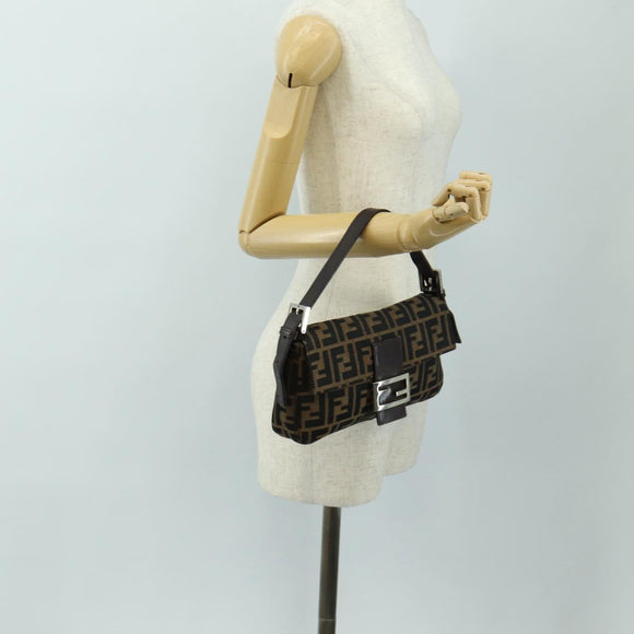 FENDI Zucca Canvas Mamma Baguette Shoulder Bag Black Brown Auth 188756SAM