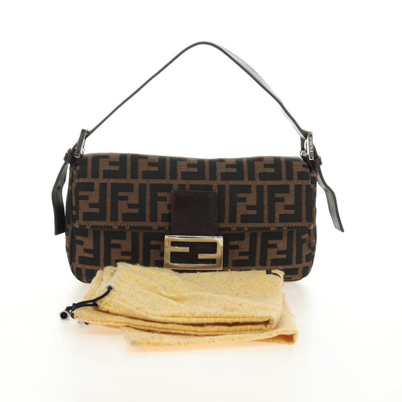 FENDI Zucca Canvas Mamma Baguette Shoulder Bag Black Brown Auth 188756SAM