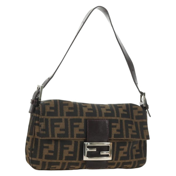 FENDI Zucca Canvas Mamma Baguette Shoulder Bag Black Brown Auth 188763SAM