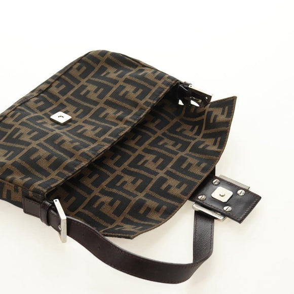 FENDI Zucca Canvas Mamma Baguette Shoulder Bag Black Brown Auth 188763SAM