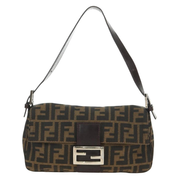 FENDI Zucca Canvas Mamma Baguette Shoulder Bag Black Brown Auth 188763SAM