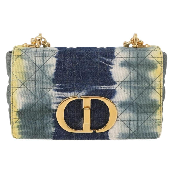 Christian Dior Cannage Miss Caro Chain Bag Canvas Navy Gold Auth 188825SAM
