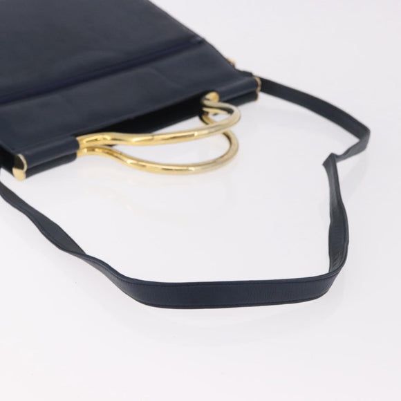 Christian Dior Hand Bag Leather 2way Navy Gold Auth 188827