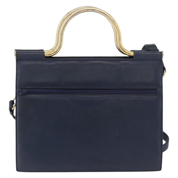 Christian Dior Hand Bag Leather 2way Navy Gold Auth 188827