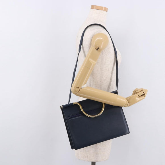 Christian Dior Hand Bag Leather 2way Navy Gold Auth 188827