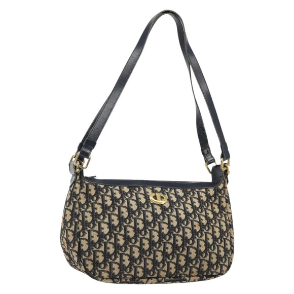 Christian Dior Trotter Canvas Shoulder Bag Navy Gold Auth 188833