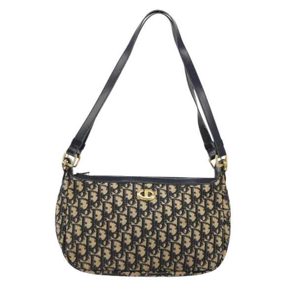 Christian Dior Trotter Canvas Shoulder Bag Navy Gold Auth 188833