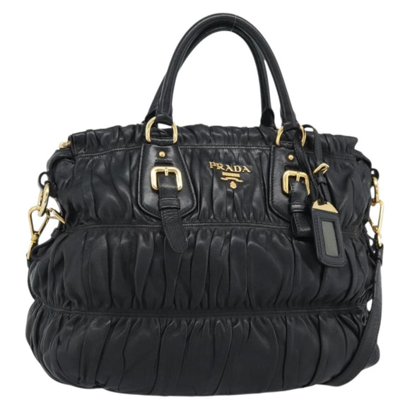 PRADA Gathered Hand Bag Leather 2way Black Gold Auth 188842V