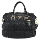PRADA Gathered Hand Bag Leather 2way Black Gold Auth 188842V-13