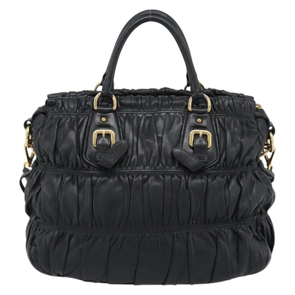 PRADA Gathered Hand Bag Leather 2way Black Gold Auth 188842V