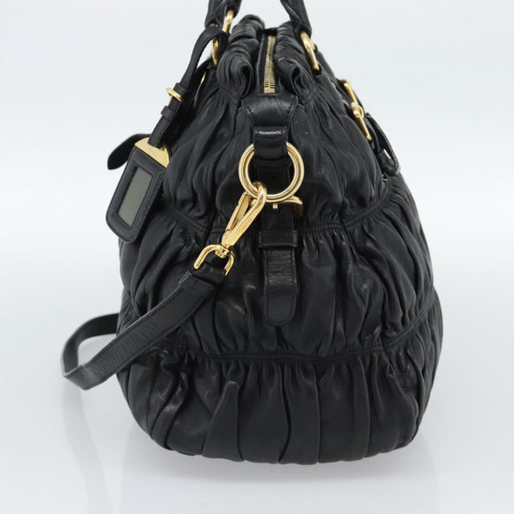 PRADA Gathered Hand Bag Leather 2way Black Gold Auth 188842V