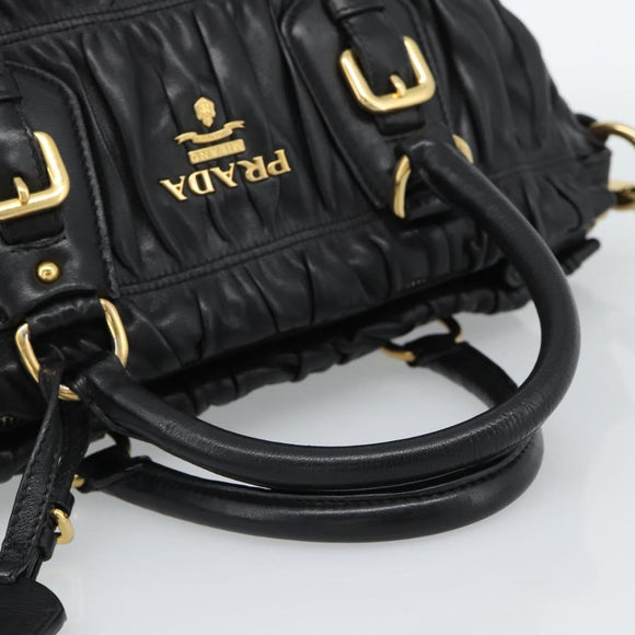 PRADA Gathered Hand Bag Leather 2way Black Gold Auth 188842V