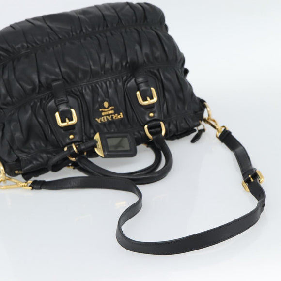 PRADA Gathered Hand Bag Leather 2way Black Gold Auth 188842V