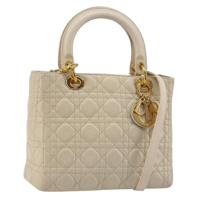 Christian Dior Lady Dior Canage Hand Bag Leather 2way Ivory Gold Auth 188848A