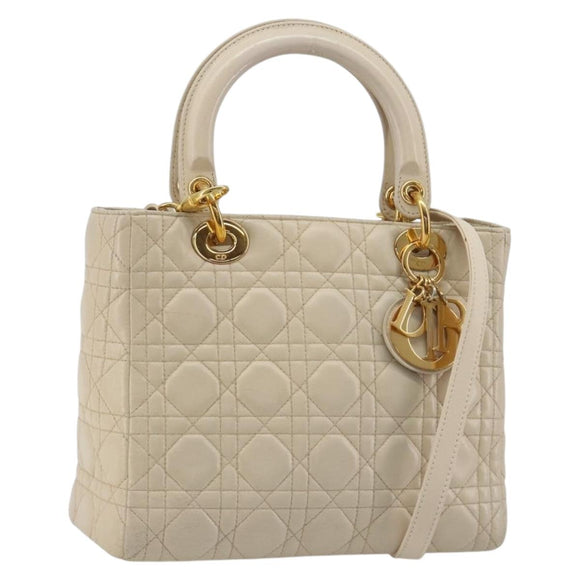 Christian Dior Lady Dior Canage Hand Bag Leather 2way Ivory Gold Auth 188848A