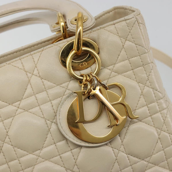 Christian Dior Lady Dior Canage Hand Bag Leather 2way Ivory Gold Auth 188848A