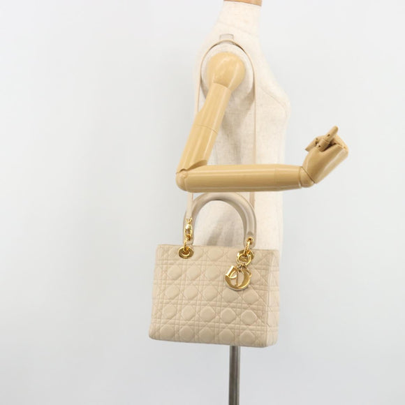 Christian Dior Lady Dior Canage Hand Bag Leather 2way Ivory Gold Auth 188848A