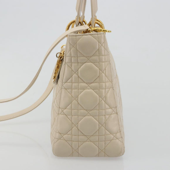 Christian Dior Lady Dior Canage Hand Bag Leather 2way Ivory Gold Auth 188848A