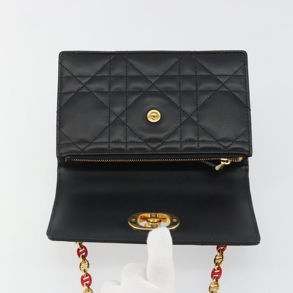 Christian Dior Cannage Miss Caro Chain Bag Leather Black Gold Auth 188849SAM