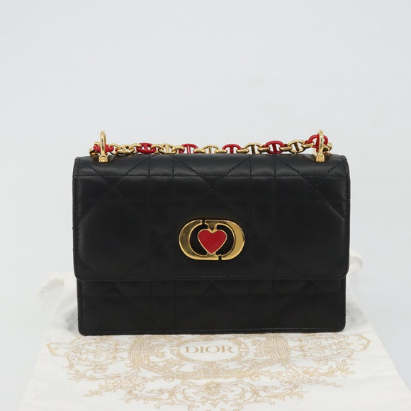 Christian Dior Cannage Miss Caro Chain Bag Leather Black Gold Auth 188849SAM