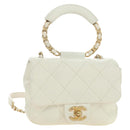 CHANEL Matelasse Top Handle Chain Bag Leather 2way White Gold CC Auth 188866SAM-1