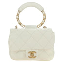 CHANEL Matelasse Top Handle Chain Bag Leather 2way White Gold CC Auth 188866SAM-2