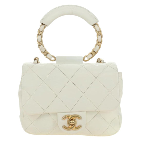 CHANEL Matelasse Top Handle Chain Bag Leather 2way White Gold CC Auth 188866SAM