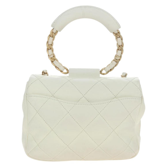 CHANEL Matelasse Top Handle Chain Bag Leather 2way White Gold CC Auth 188866SAM
