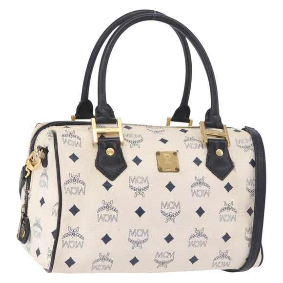 MCM Vicetos Logogram Boston Bag PVC Leather 2way White Gold Auth 188869