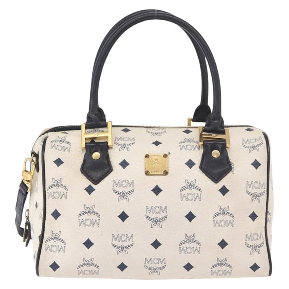 MCM Vicetos Logogram Boston Bag PVC Leather 2way White Gold Auth 188869