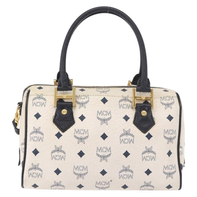 MCM Vicetos Logogram Boston Bag PVC Leather 2way White Gold Auth 188869 - 0