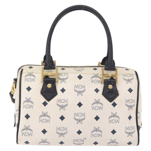 MCM Vicetos Logogram Boston Bag PVC Leather 2way White Gold Auth 188869