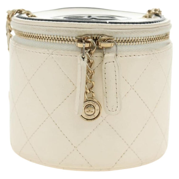 CHANEL Matelasse Chain Vanity Bag Lamb Skin White Gold CC Auth 188894SAM
