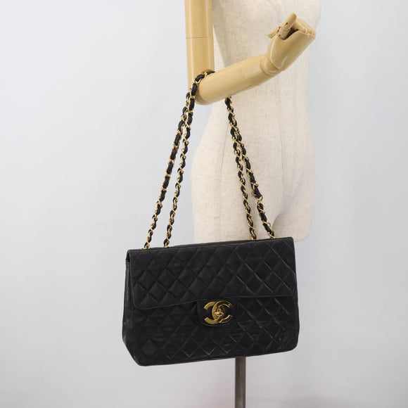 CHANEL Big Matelasse34 Chain Shoulder Bag Lamb Skin Black Gold CC Auth 188910V