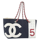CHANEL Choco Bar Chain Tote Bag No5 Canvas Navy Silver CC Auth 188914-1