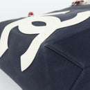 CHANEL Choco Bar Chain Tote Bag No5 Canvas Navy Silver CC Auth 188914-11
