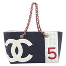 CHANEL Choco Bar Chain Tote Bag No5 Canvas Navy Silver CC Auth 188914-2