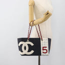 CHANEL Choco Bar Chain Tote Bag No5 Canvas Navy Silver CC Auth 188914-22