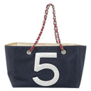 CHANEL Choco Bar Chain Tote Bag No5 Canvas Navy Silver CC Auth 188914-3