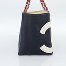 CHANEL Choco Bar Chain Tote Bag No5 Canvas Navy Silver CC Auth 188914-4