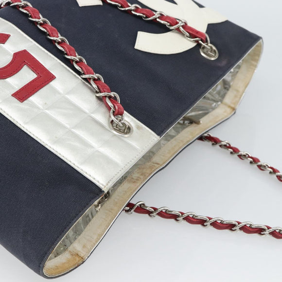 CHANEL Choco Bar Chain Tote Bag No5 Canvas Navy Silver CC Auth 188914
