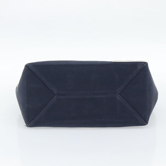 CHANEL Choco Bar Chain Tote Bag No5 Canvas Navy Silver CC Auth 188914