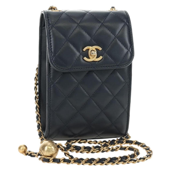 CHANEL Matelasse Chain Shoulder Bag Leather Navy Gold CC Auth 188933SAM