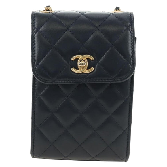 CHANEL Matelasse Chain Shoulder Bag Leather Navy Gold CC Auth 188933SAM