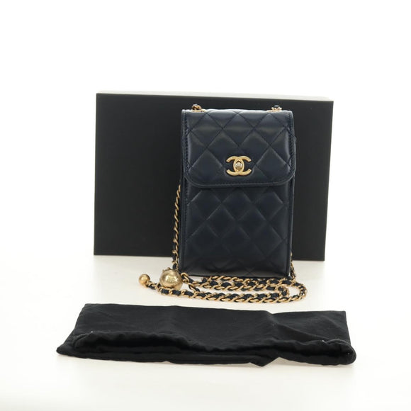 CHANEL Matelasse Chain Shoulder Bag Leather Navy Gold CC Auth 188933SAM