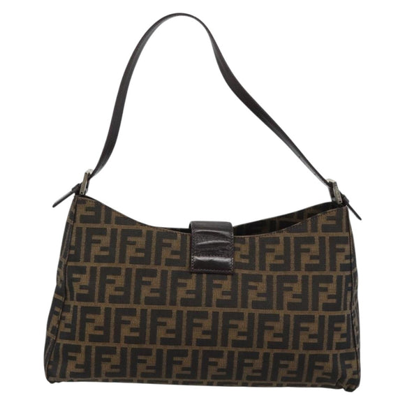 FENDI Zucca Canvas Mamma Baguette Shoulder Bag Black Brown Auth 188964V